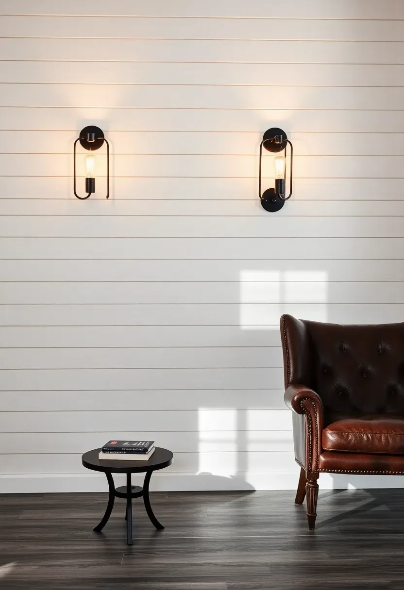 horizontal white shiplap pine boards on a basement wall with black iron sconces and a leather chair nearby
