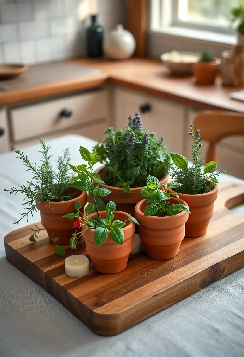 herb garden centerpiece with rosemary basil and thyme in terracotta pots on dining table
