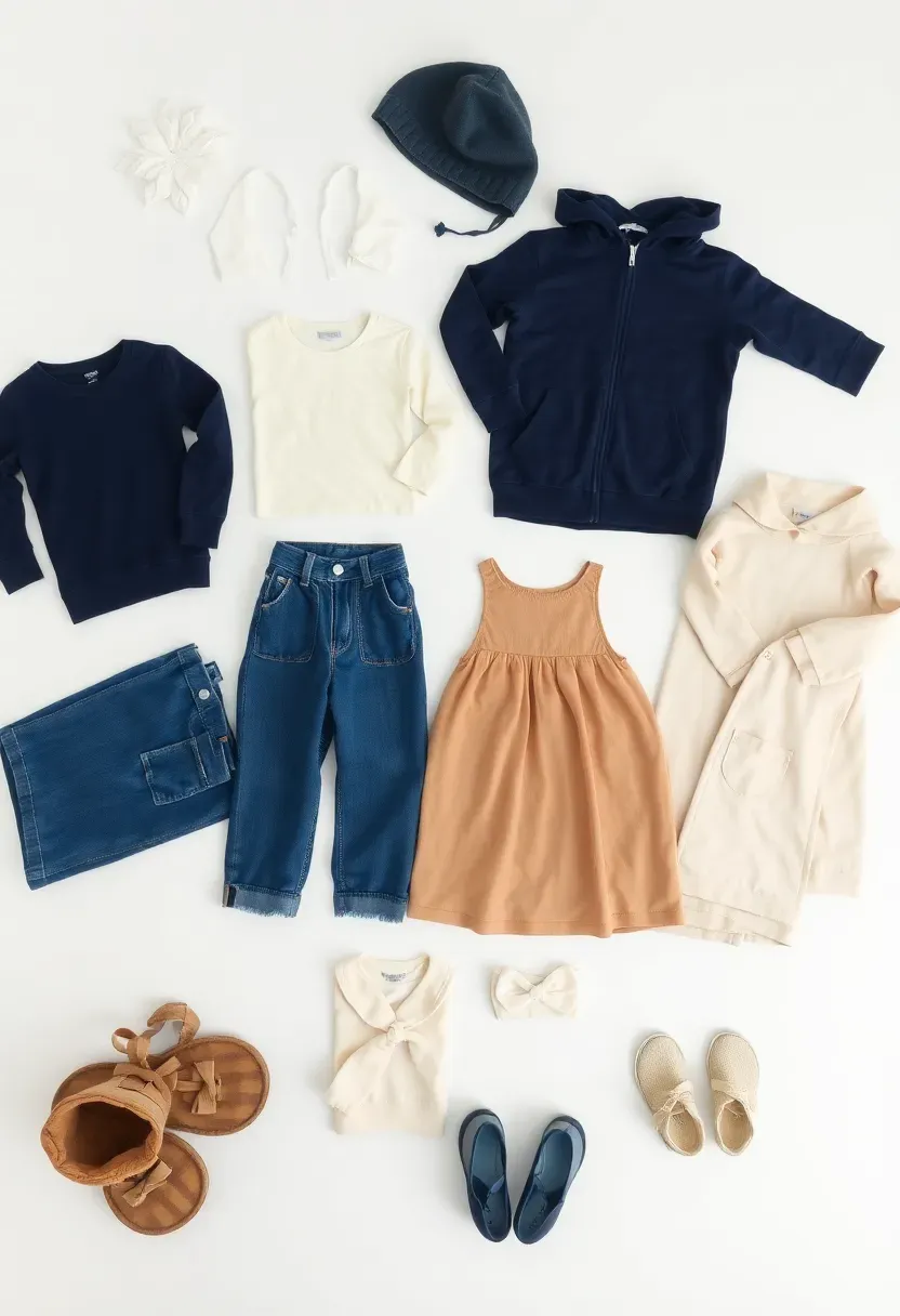 Hyper-realistic flat-lay view of curated children's capsule wardrobe on white surface: 5-6 tops, 3-4 pants, 2 dresses, hoodie, jacket. Neutral coordinated palette. Materials: cotton, denim, fleece. Bright even lighting, minimalist styling. Each item clearly visible. Sharp focus on clothes. Organized layout. No text, no logos, no watermarks.</p>