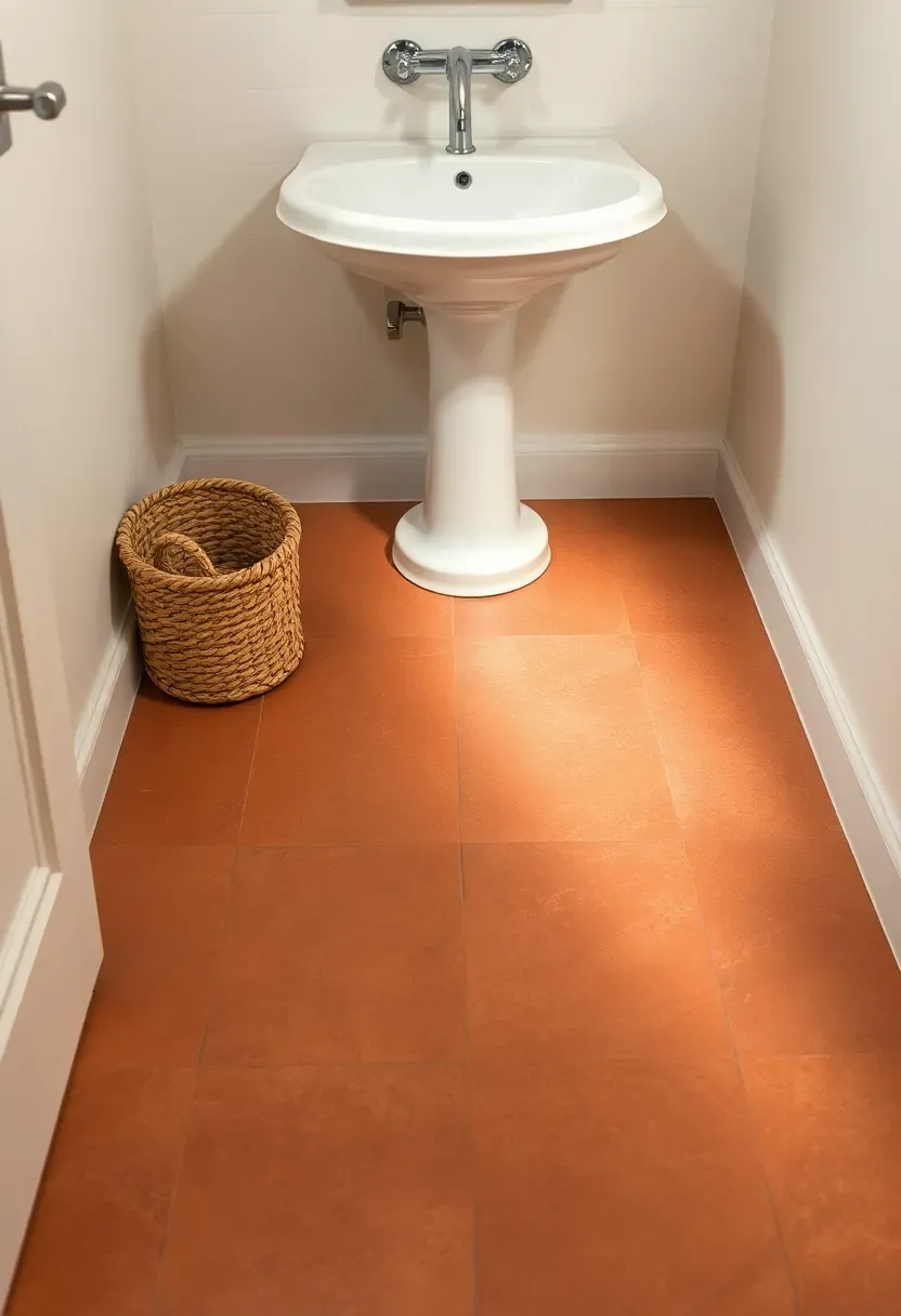 Small bathroom with rust and cream checkerboard floor tiles, white walls, and a pedestal sink