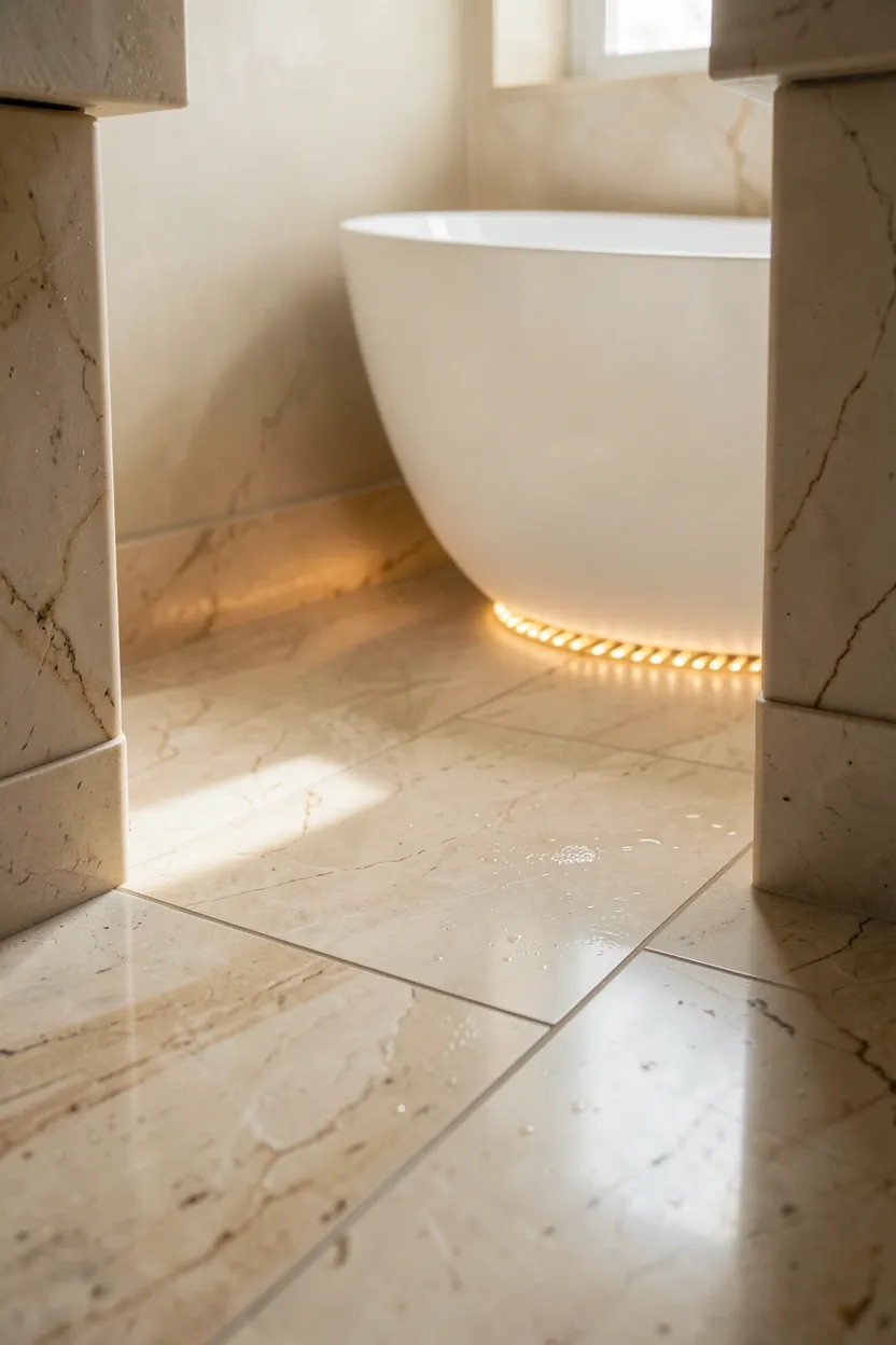 Honed marble floor with continuous veining in a calm modern bathroom with radiant underfloor heating
