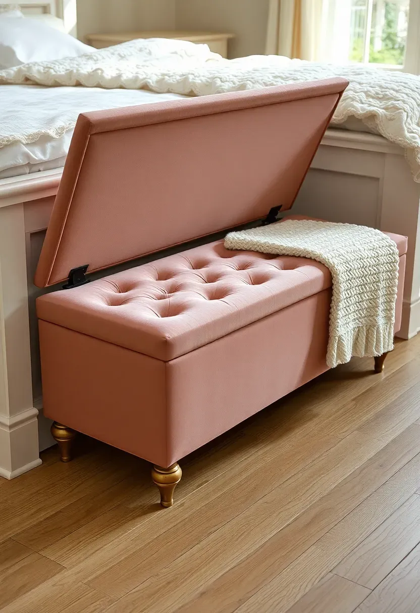 Tufted upholstered storage bench in dusty rose velvet at the foot of a white shabby chic bed