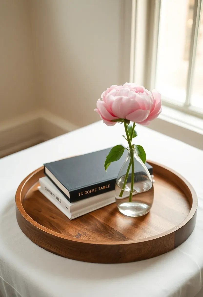 Round wooden tray on a rental apartment coffee table with stacked hardcover art books and a single stem flower in a slim bud vase