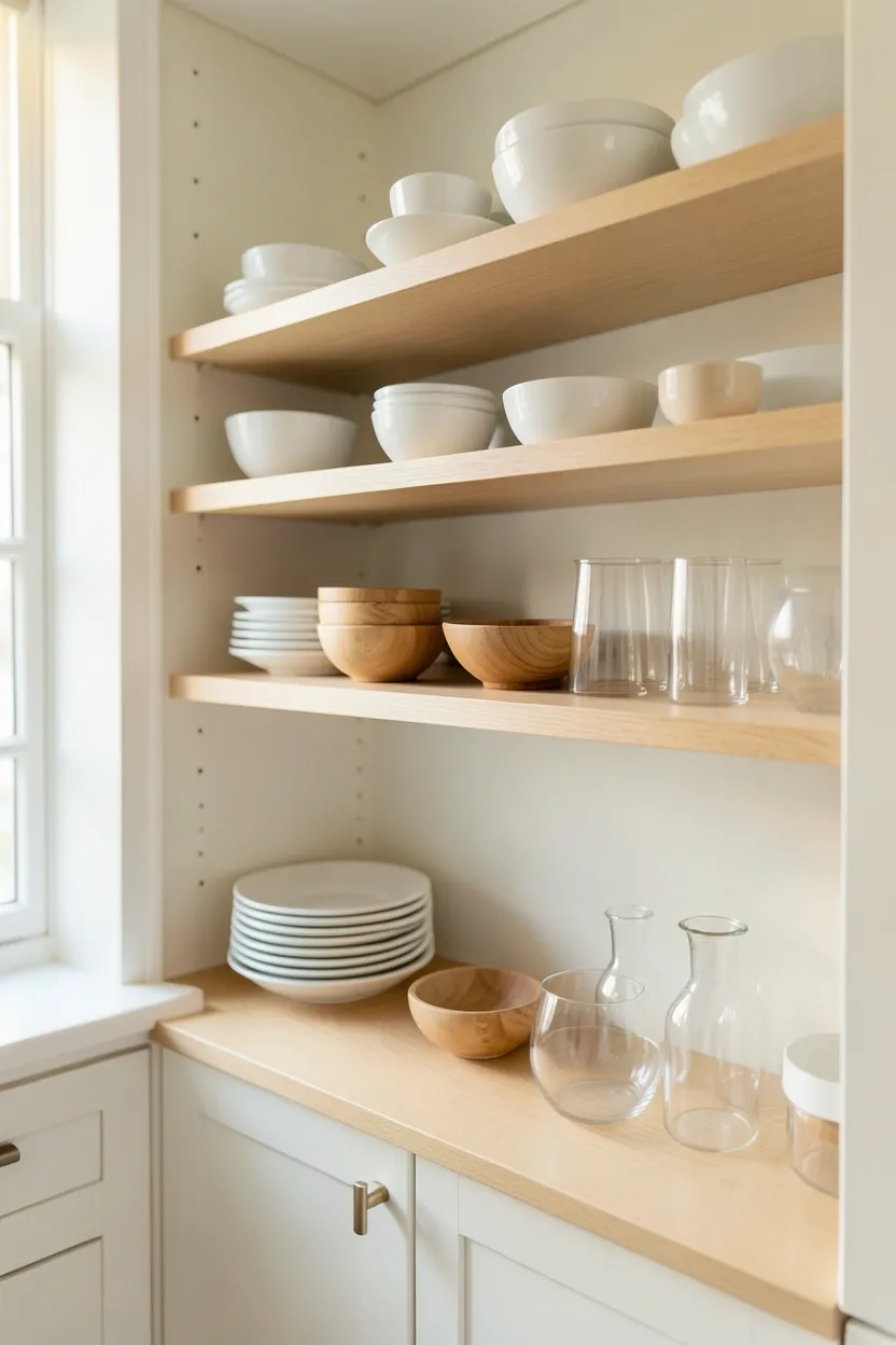 Open wooden kitchen shelves with curated white ceramic dishes and glass jars — minimalist Scandinavian storage display in a small apartment kitchen
