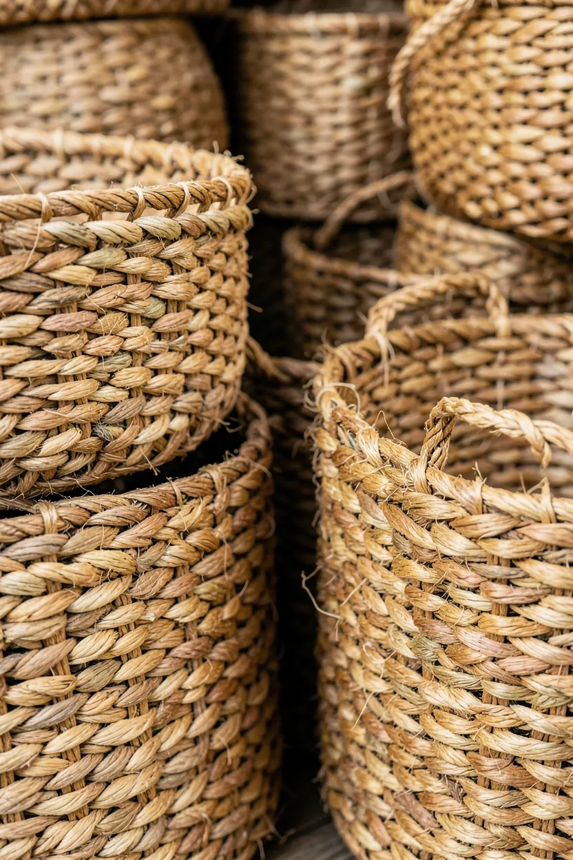 Natural seagrass and jute woven storage baskets holding blankets and magazines in a tidy Scandinavian rental living room