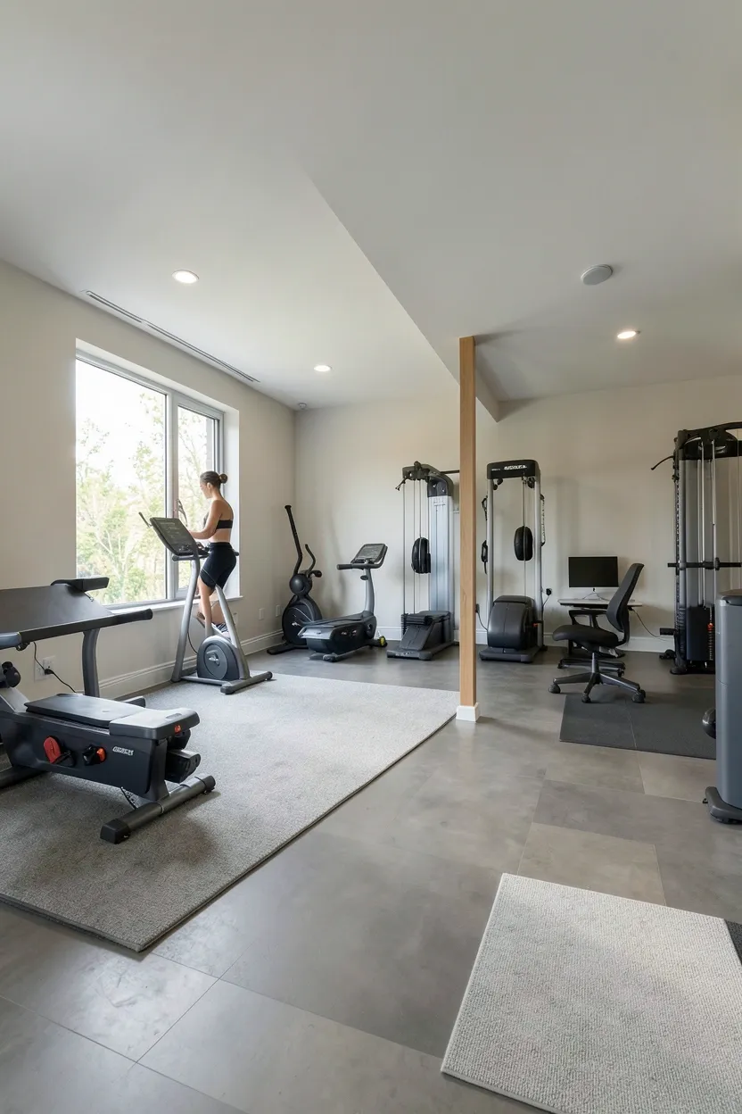Home gym with a dual-zone layout — bright workout area with dumbbells on one side and a cork-floored yoga meditation corner with soft lighting on the other