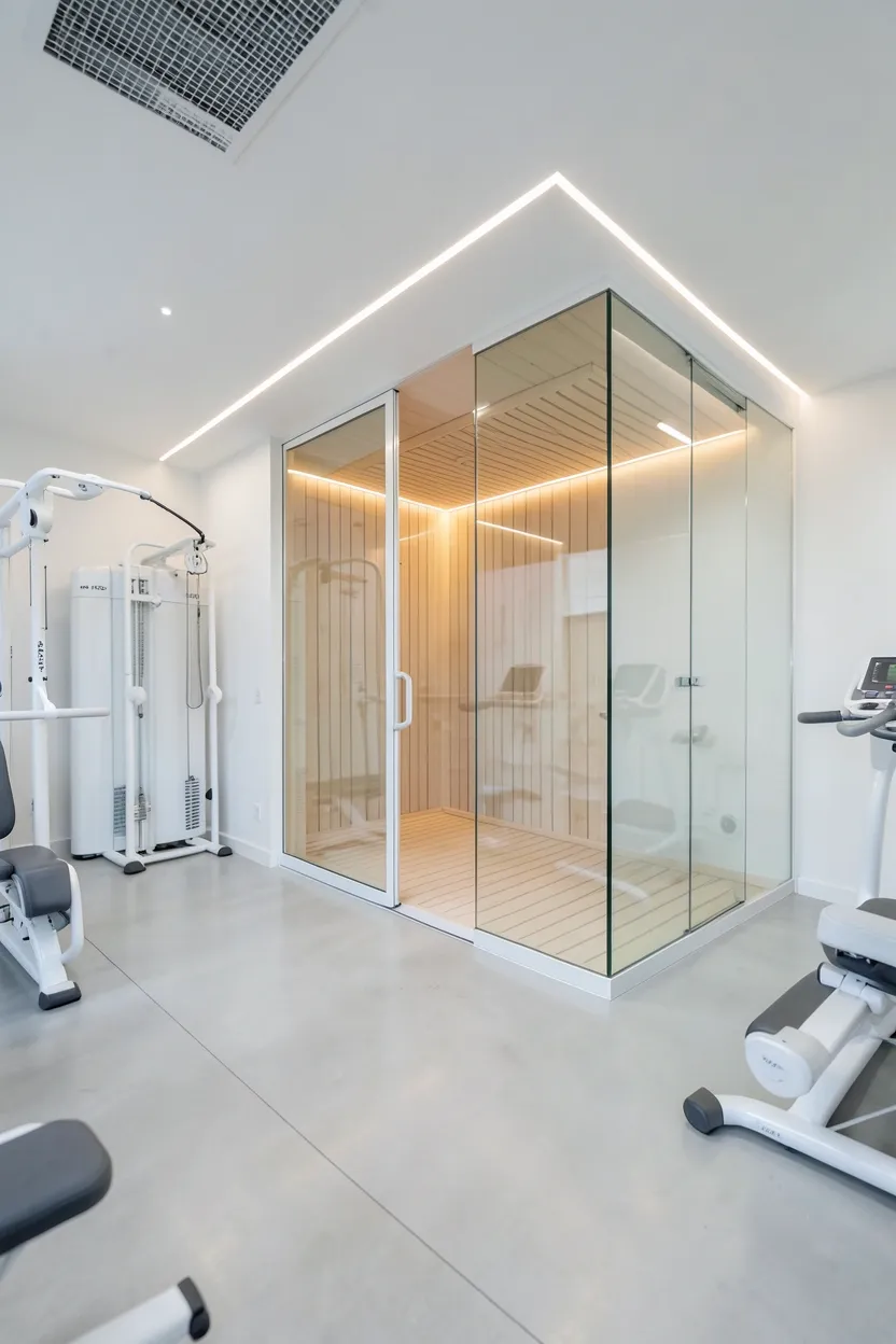 Minimalist home gym with frameless floor-to-ceiling glass sauna, polished concrete floors, and white floating equipment in a modern interior