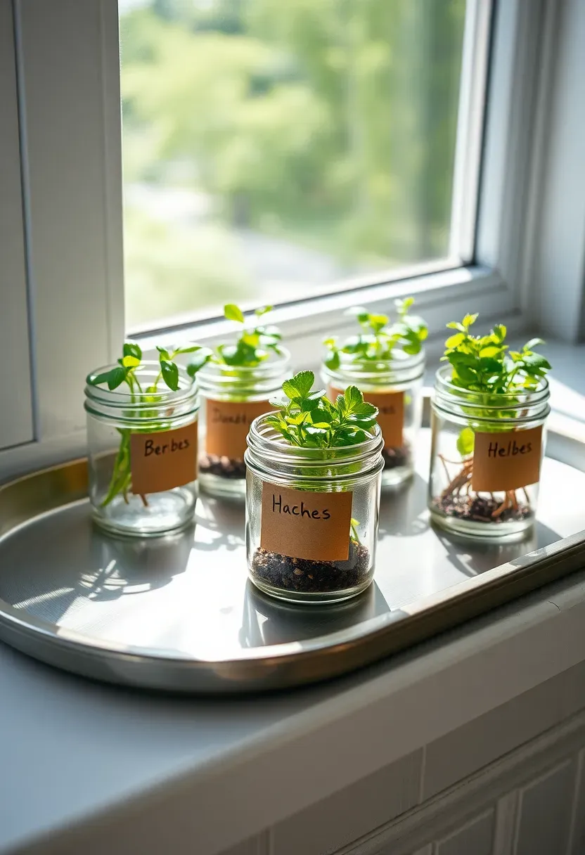 Metal tray on a sunroom windowsill holding six small magnetic spice jars repurposed as herb planters, each containing a different herb seedling with handwritten labels, bright direct sunlight on the green leaves