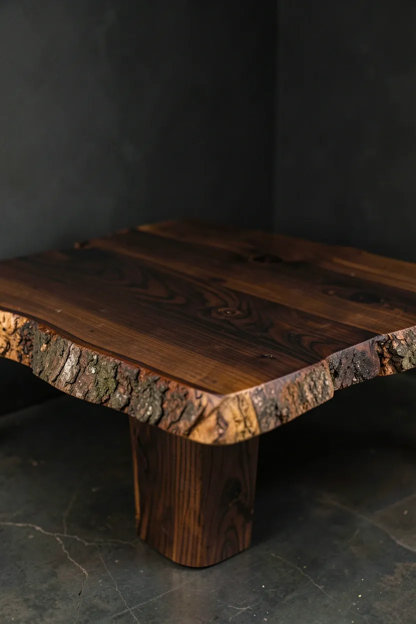 Live-edge dark wood coffee table styled with ceramic tray and succulents in a dark boho bohemian living room