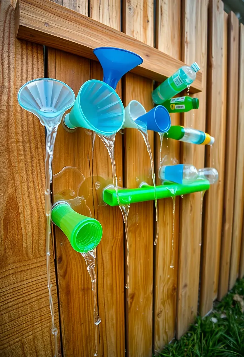 A colorful backyard water wall for kids made from plastic funnels, cut pool noodles, and bottles attached to a wooden fence, with water flowing through the channels