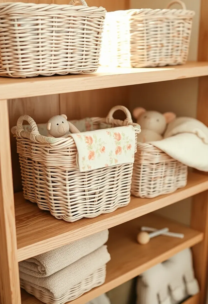 whitewashed wicker storage baskets on shelves in nursery holding blankets and soft toys