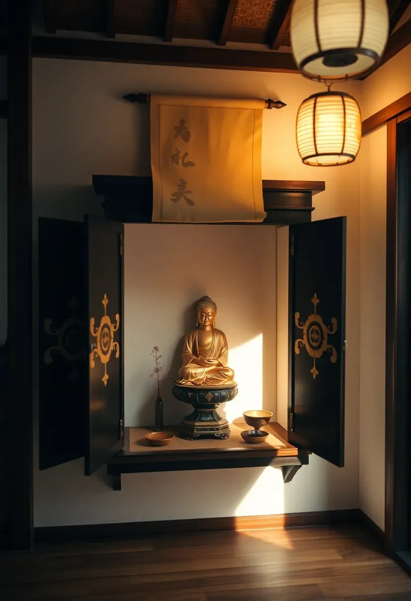 Hyper-realistic straight-on view of butsudan cabinet in Japanese tiny house. Wall-mounted wooden cabinet (24 inches wide, 36 inches high) with doors open to reveal gold Buddha statue, small incense burner, offering bowls. Cabinet features black lacquer finish with gold leaf accents, scroll hanging above. Materials: dark wood, gold leaf, white walls, wood floor. Warm ambient light from nearby paper lantern, creating serene glow around altar. Shallow depth of field showing statue details and incense burner. Spiritual Japanese interior mood.</p>