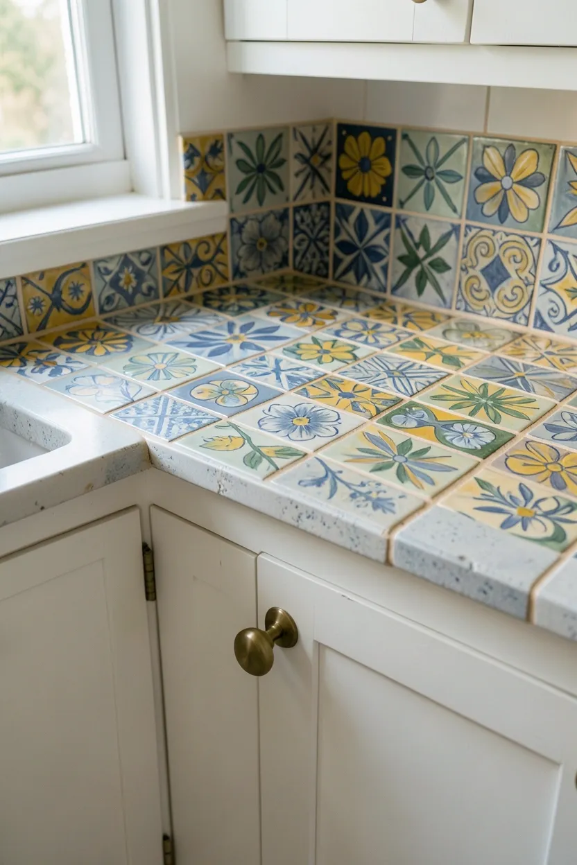 Hyper-realistic eye-level photograph of a boho kitchen countertop made of hand-painted ceramic tiles. The tiles feature individually painted floral and geometric patterns in muted blue, yellow, and green tones. Each tile is unique with slight variations in the hand-painted designs. Grout lines in a warm cream color. Below the countertop, white shaker cabinets with brass pulls. Natural light streaming through window highlighting the tile patterns. Materials: hand-painted ceramic tiles, white painted wood, brass. Artistic and unique boho mood. Sharp focus on the individual tile designs and grout details. No text, no logos, no watermarks.</p>