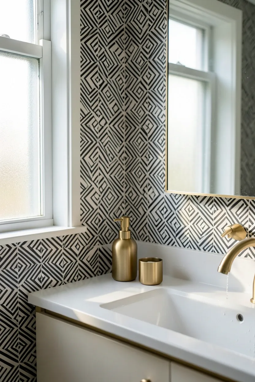Peel-and-stick removable wallpaper backsplash with geometric pattern behind bathroom vanity in rental apartment