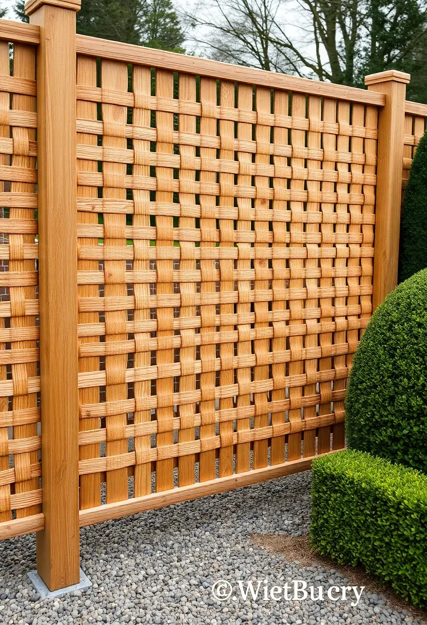 Woven wood privacy screen made of interlaced thin wooden strips in a basket-weave pattern between cedar posts