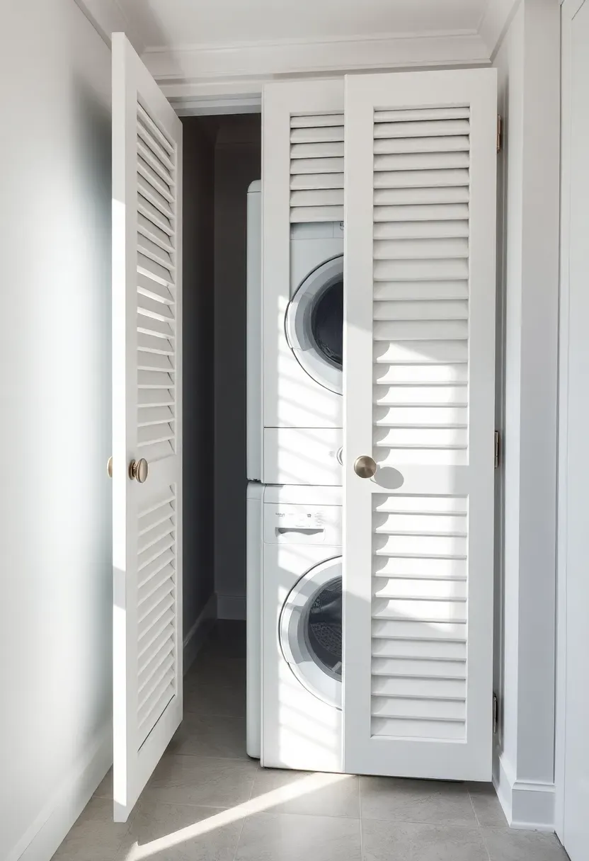Louvered cabinet doors in white concealing a stacked washer dryer with ventilation slats in a clean modern laundry space