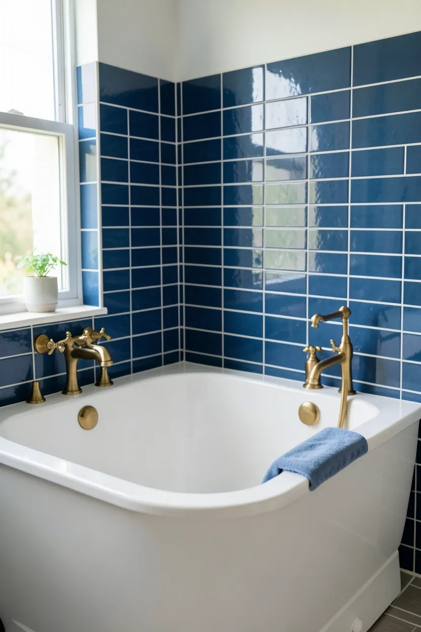 White Tub with Blue Tile Surround