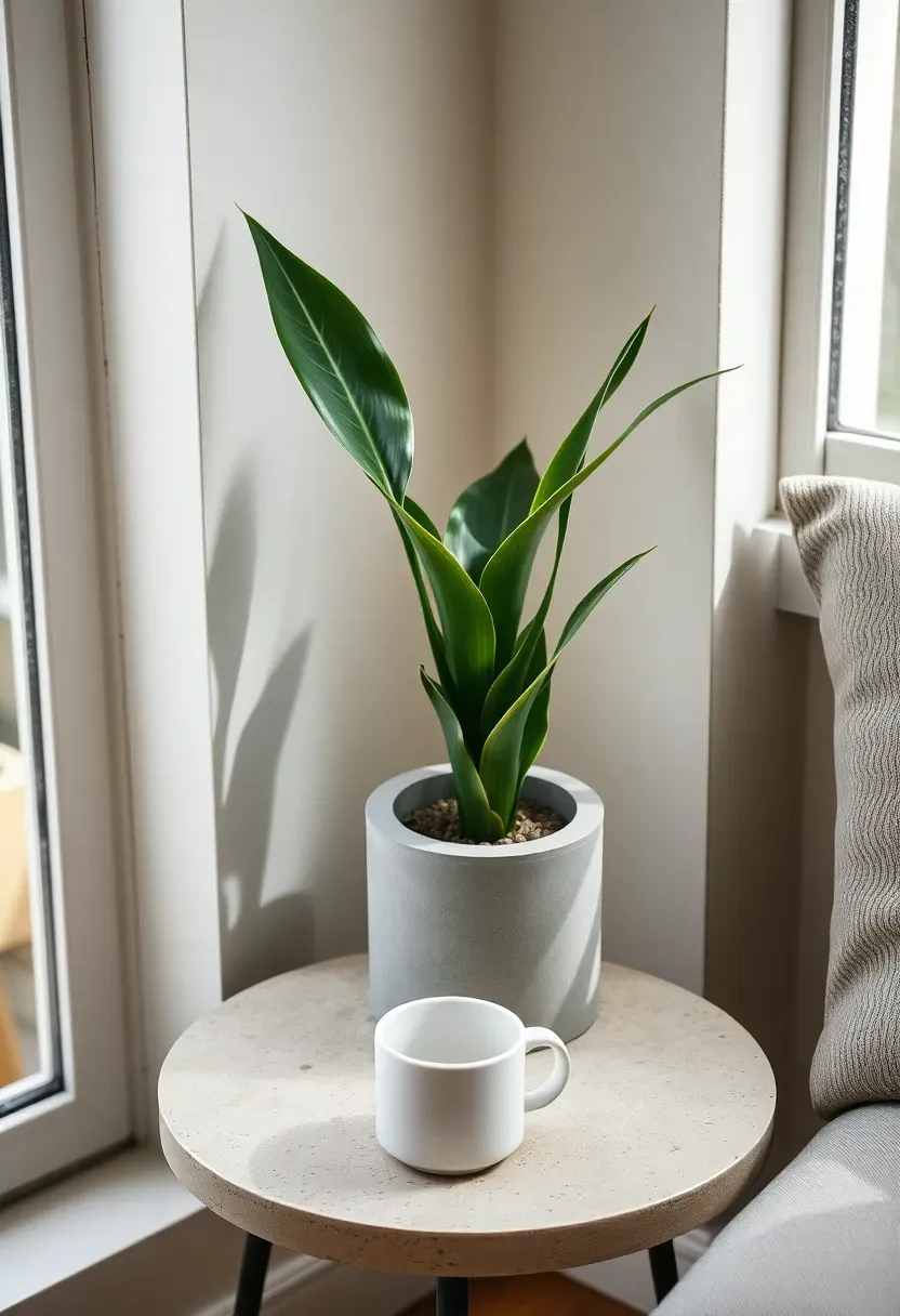 Concrete side table paired with a round concrete planter holding a snake plant in a modern sunroom corner
