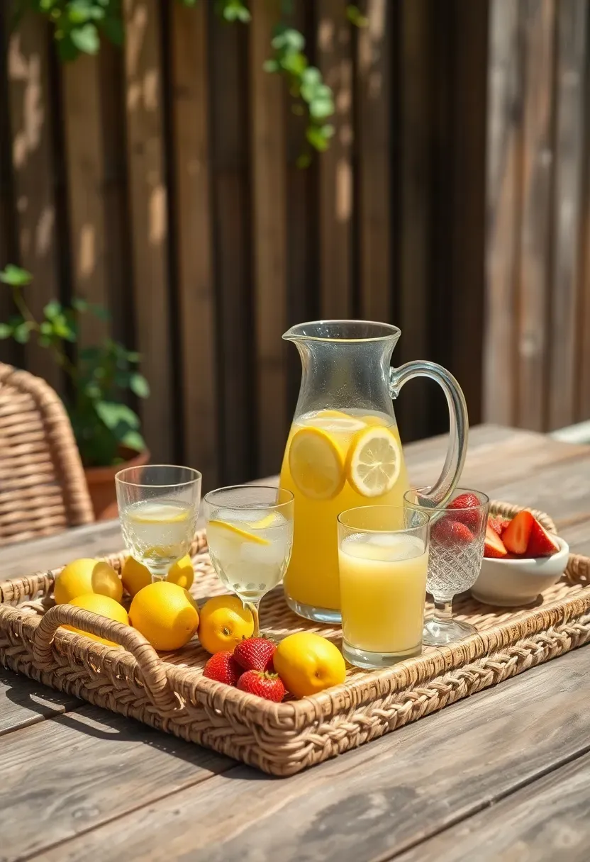 Outdoor patio woven tray serving lemonade pitcher and glasses with fresh fruit on a teak garden table