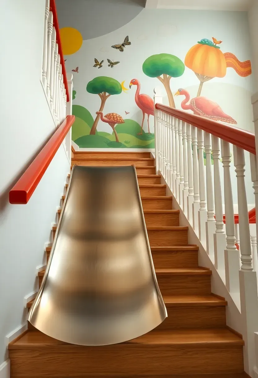 Family home stair-slide combo with polished stainless steel wave-form slide beside white oak treads, red rubber handrail on the slide side, and primary colour mural in background