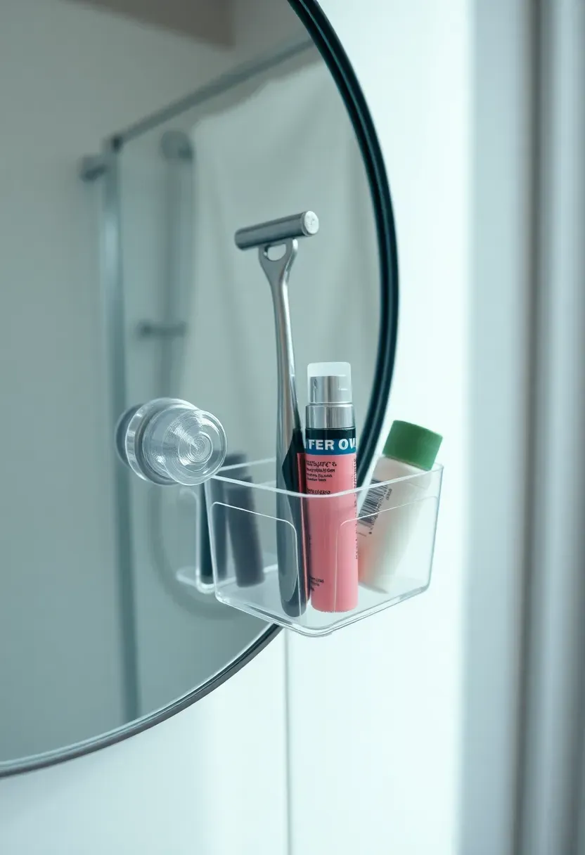 Suction cup shower caddy attached to the side of a bathroom mirror holding small grooming items