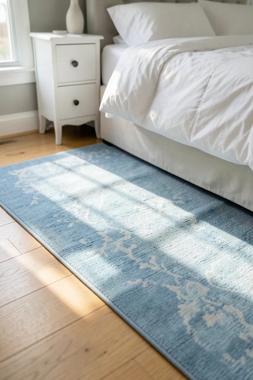 Hyper-realistic slightly elevated photograph of bedroom floor showing light blue rug on light oak wood flooring. Queen bed with white bedding partially visible, white nightstand, morning light across rug creating texture highlights. Materials: wool blend blue rug with subtle pattern, light oak hardwood floor, cotton white bedding. Natural window light creating shadow patterns on floor, warm calm atmosphere. Shallow depth of field, sharp details on rug texture and wood grain, balanced composition showing rug and furniture context. No text, no logos, no watermarks.</p>