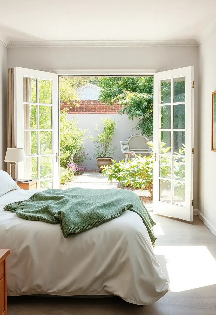 Bright daylight basement bedroom with French doors opening to a garden-level patio and green landscaping