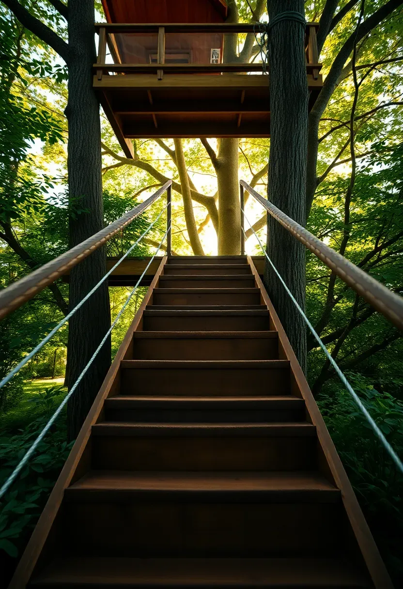 Outdoor cedar treehouse staircase with rough cedar plank treads, galvanized steel cable railing, and dappled afternoon sun through tree canopy above