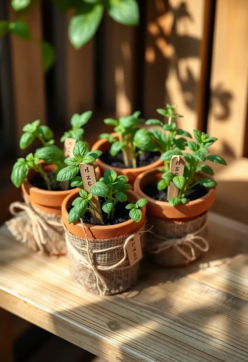 potted herb starters in terracotta pots with hand-lettered plant markers for baby shower