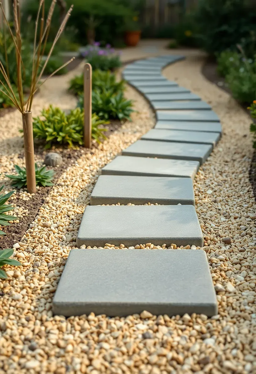 Square concrete stepping stones set in light gravel winding through a backyard garden