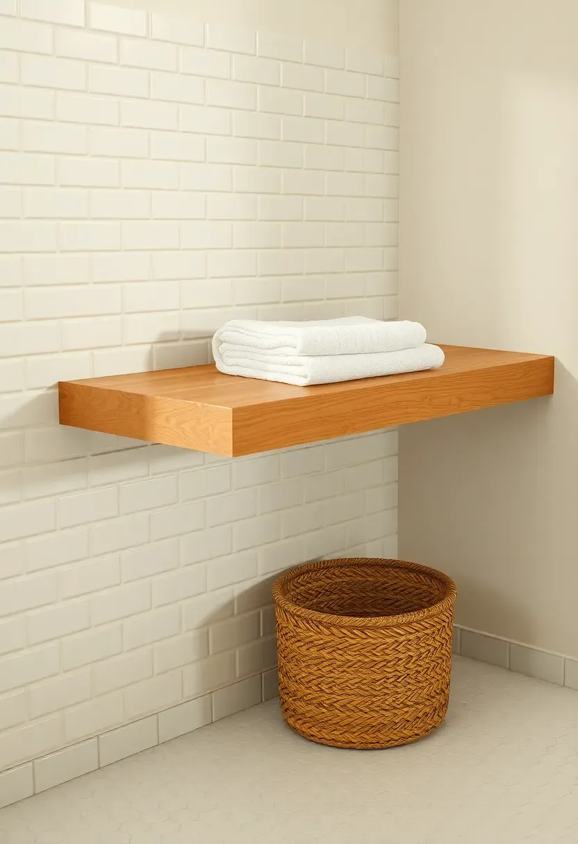 Hyper-realistic side angle showing white oak floating bench protruding from white subway tile wall, folded plush towel on surface, small woven basket below, white hex floor tile. Materials: white oak timber bench top, white tile wall, plush cotton towel, seagrass basket, white hex floor. Warm low diffused light, creamy neutrals with warm wood. Functional minimalist mood, shallow depth of field with sharp wood grain, soft shadows. Vertical 2:3 framing. No logos.</p>