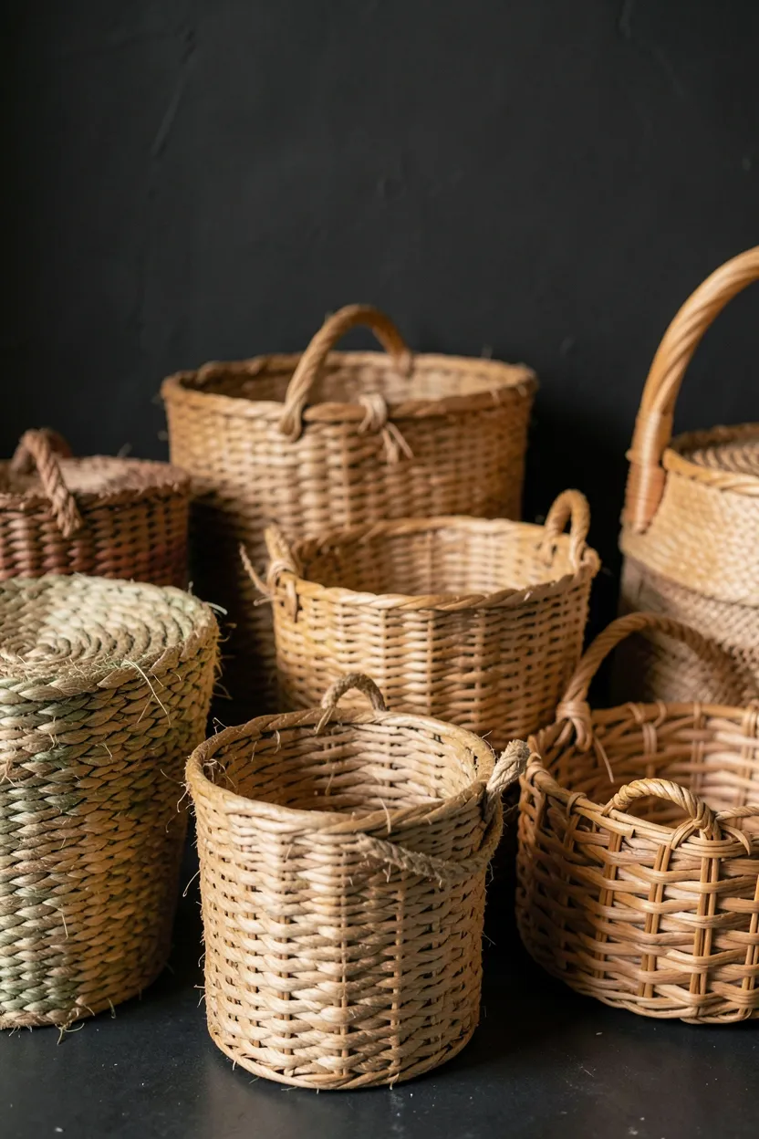 Seagrass and rattan woven baskets in varying sizes used for blanket storage in a dark boho living room — renter-friendly organization