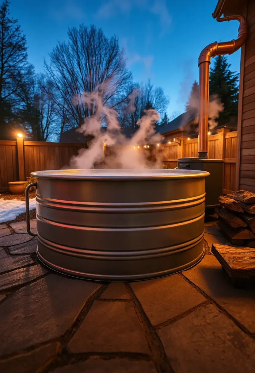 Galvanized stock tank converted to a hot tub with steam rising from the water, wood-fired heater pipe visible, set on a stone patio at evening