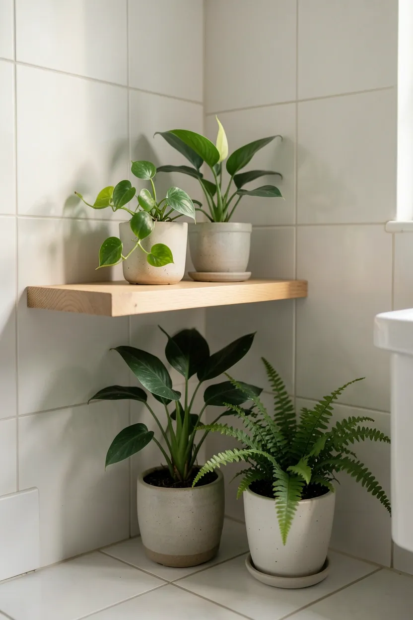 Small pothos and fern plants in ceramic pots on a bathroom shelf corner, adding natural greenery to a cozy rental apartment bathroom