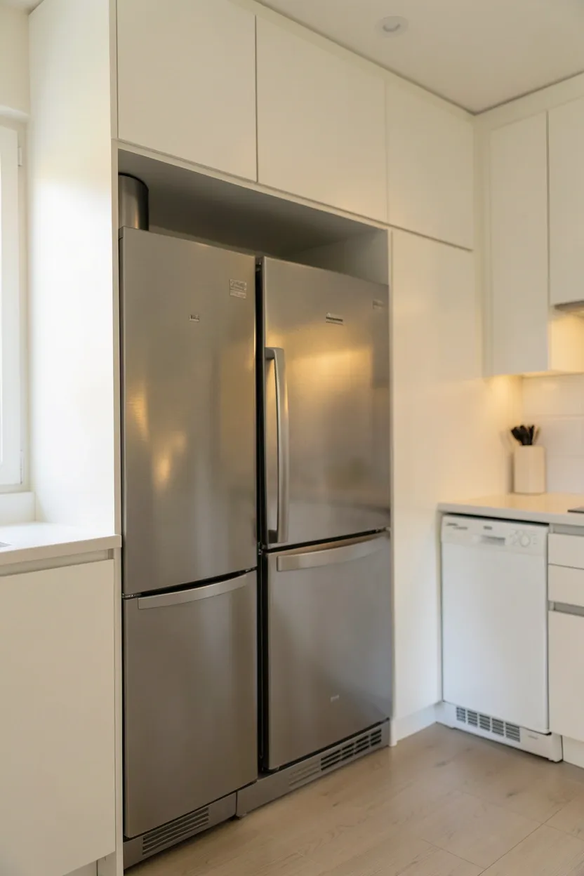 Refrigerator and dishwasher hidden behind matching flat-panel cabinet doors in a seamless Scandinavian kitchen — appliances concealed for a clutter-free look