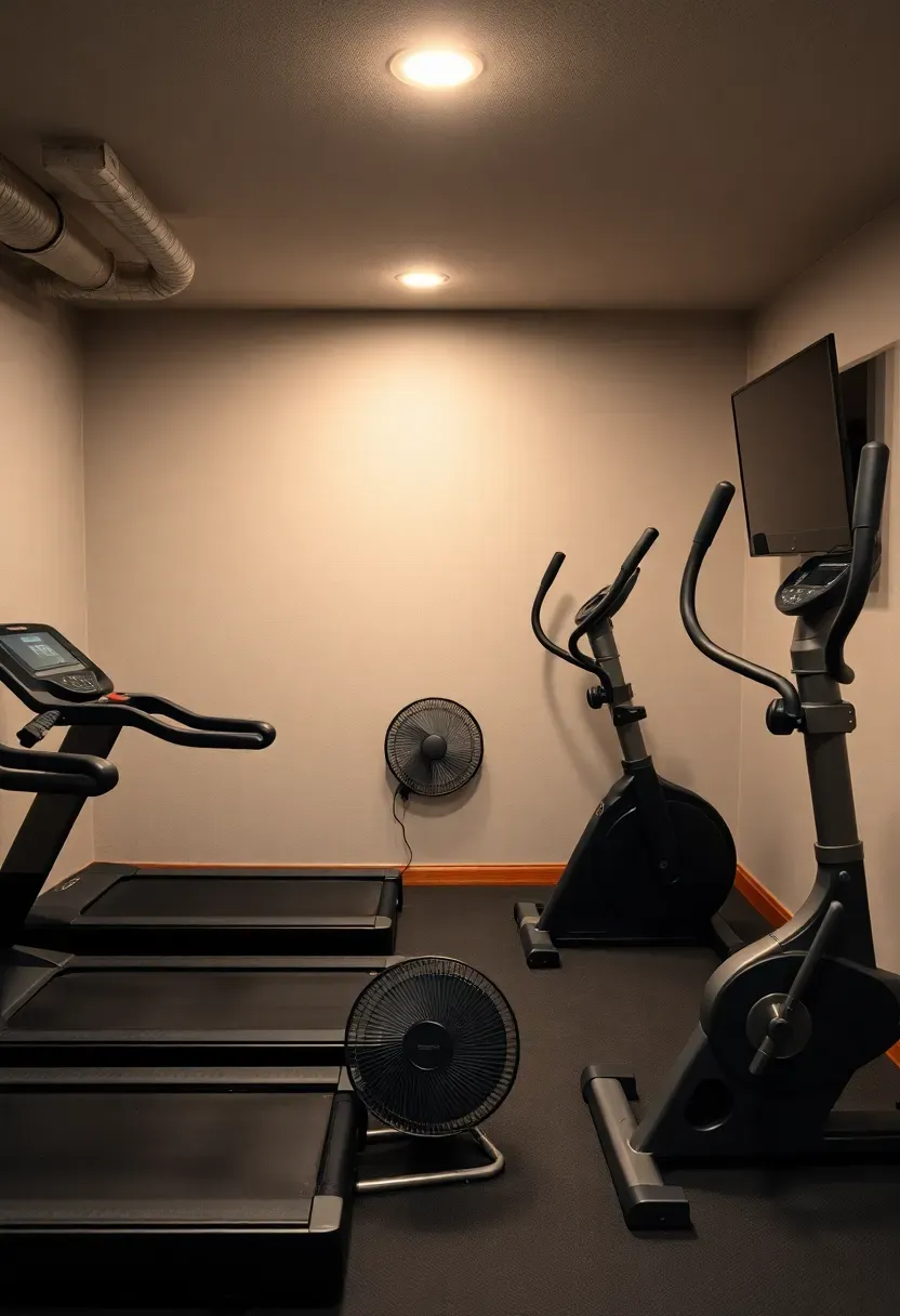 Basement cardio zone with a treadmill, stationary bike, and elliptical arranged in a row facing a wall-mounted television
