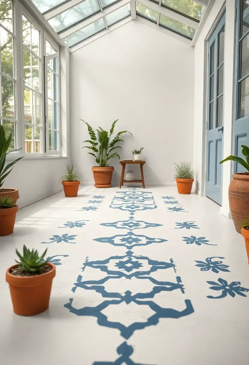 Concrete sun room floor freshly painted white with a navy blue geometric stencil pattern