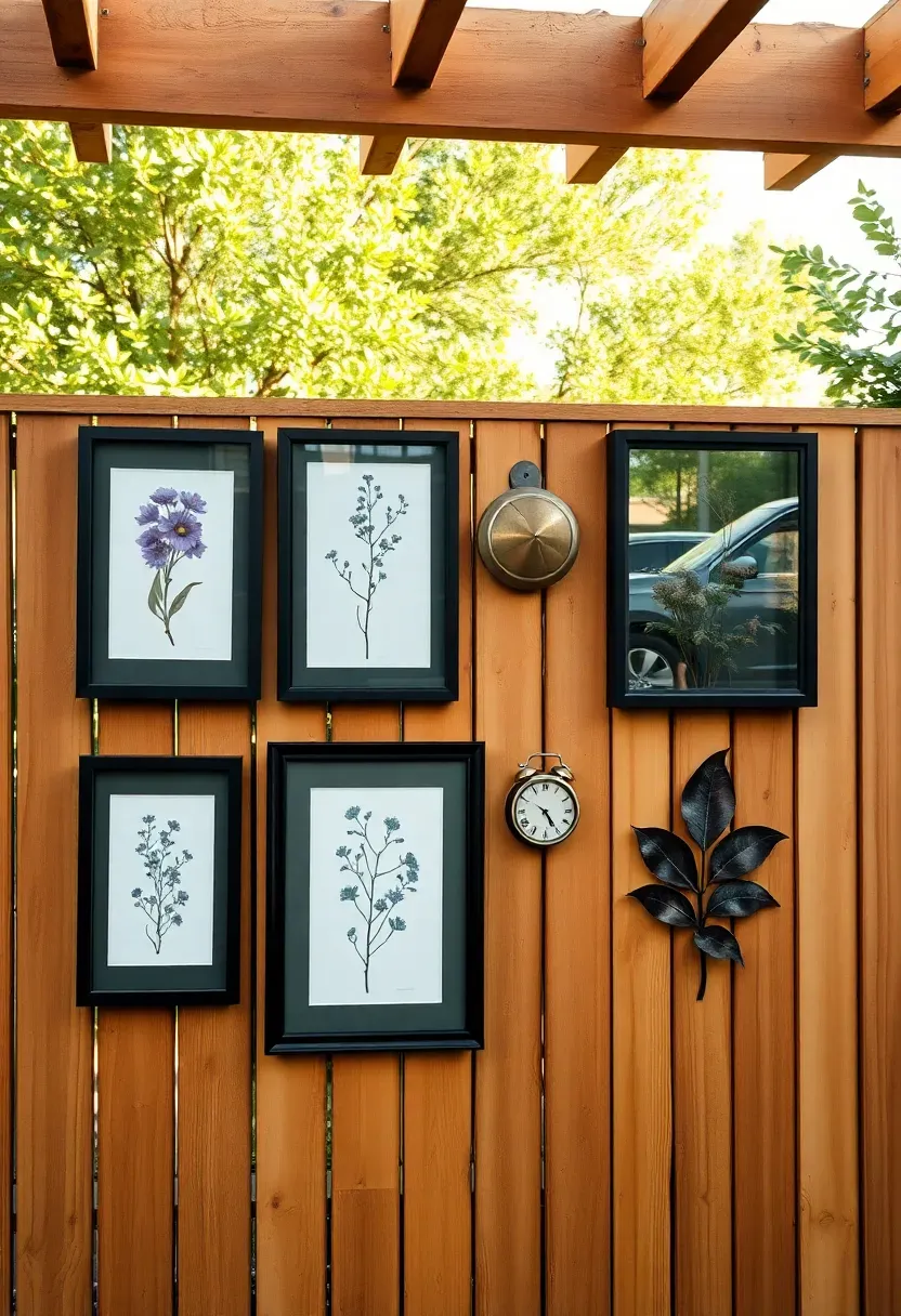 An outdoor gallery wall on a wooden fence with framed botanical prints, a small decorative clock, and metal wall art