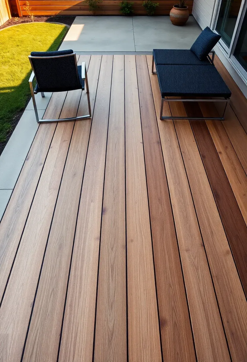 Modern backyard deck combining smooth gray concrete sections with warm wood planking in alternating strips creating a striped pattern