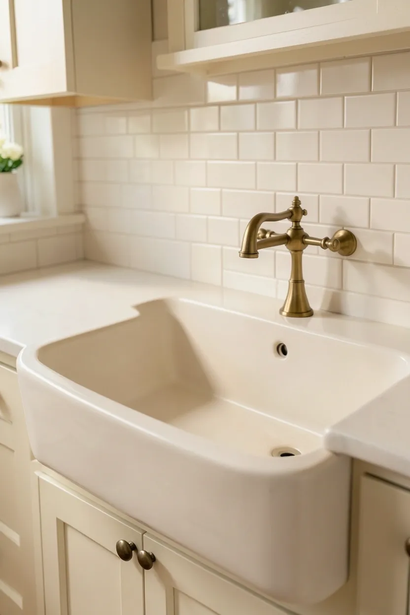 Ivory ceramic apron-front farmhouse sink with warm undertones paired with warm wood lower cabinets