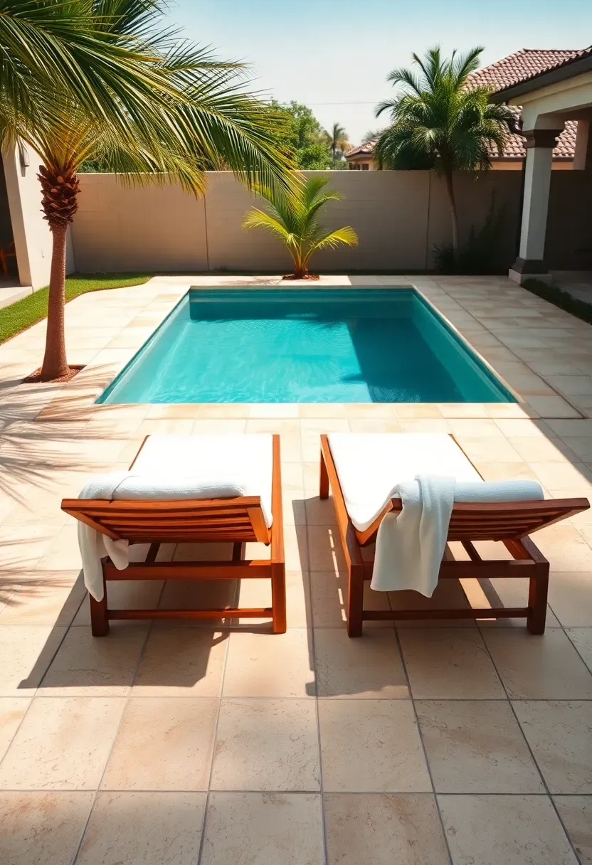 Travertine pavers around a backyard swimming pool with warm beige tones and chaise lounges