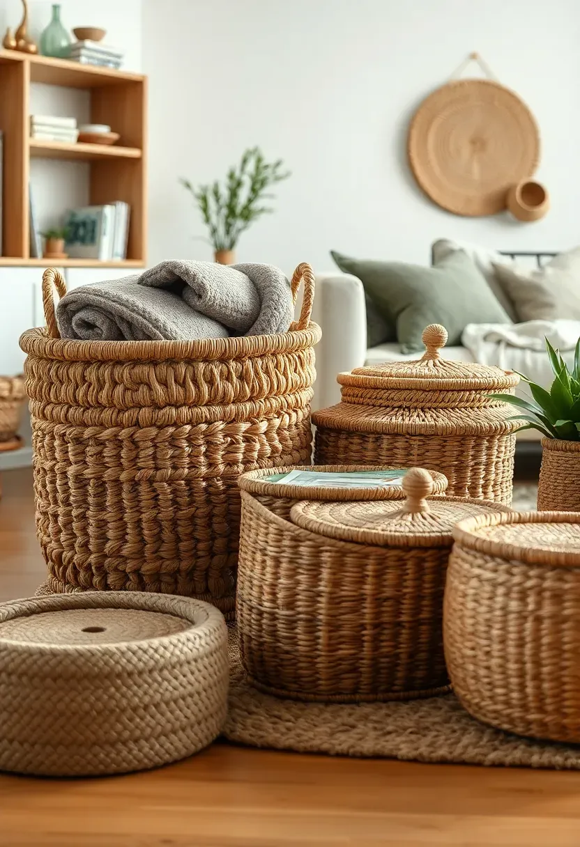 Hyper-realistic 3/4 view of an earthy boho living room showing woven basket storage—a large seagrass basket holding folded wool blankets, a medium water hyacinth basket with magazines visible, a small lidded rattan basket, and a round woven plant basket, all positioned near shelving and seating. Jute rug, warm floor. Materials: seagrass basket with chunky coarse weave, water hyacinth basket with finer woven texture, rattan basket with tighter weave and lid, woven plant pot, wool blankets, books, chunky jute rug, oak flooring. Natural daylight showing beautiful weave variations and basket shapes. Practical storage that's also beautiful. Shallow depth of field showing baskets foreground with room context beyond. No text, no logos, no watermarks.</p>