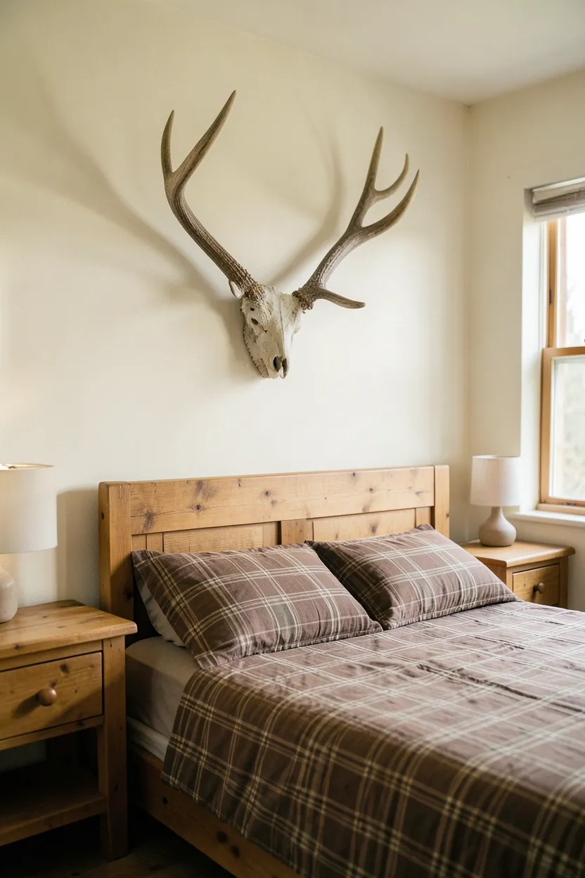 Hyper-realistic eye-level photograph of rustic bedroom wall featuring natural deer antler mount above wooden bed frame. Weathered antlers with natural patina, cream walls, brown plaid bedding, two wooden nightstands, natural light from window. Materials: natural deer antlers with visible texture, cream painted walls, brown plaid cotton bedding, pine nightstands. Warm natural light, wilderness rustic atmosphere. Shallow depth of field, sharp details on antler texture, balanced composition showing wall decor and room context. No text, no logos, no watermarks.</p>