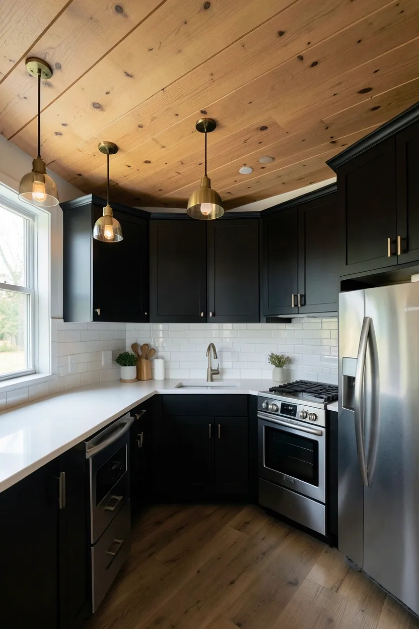 Light oak wood plank ceiling above matte black kitchen cabinets — stunning architectural contrast with warmth and modern drama