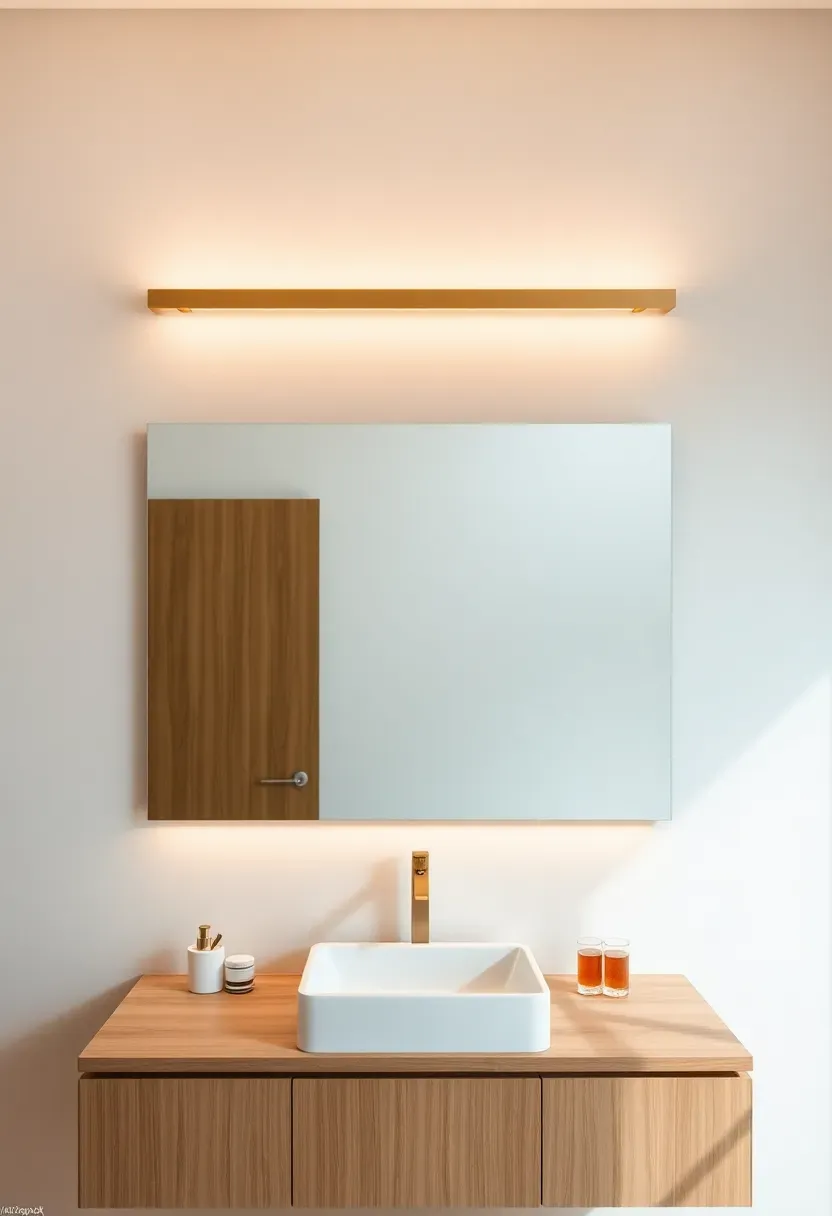 Slim brushed brass LED linear bar above a frameless rectangular mirror in a modern bathroom with white oak vanity