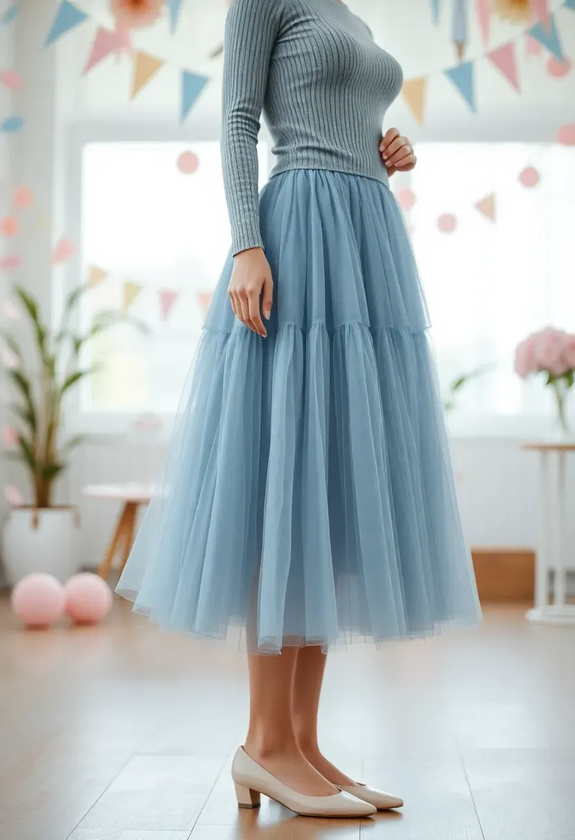 dusty blue tulle midi skirt with a fitted grey knit and ballet flats for a whimsical baby shower look