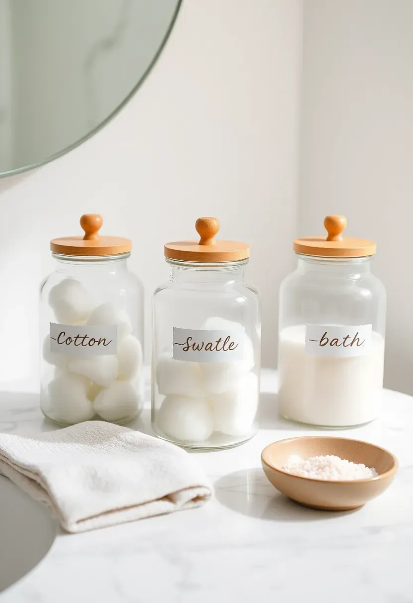 Three matching glass apothecary jars on a bathroom counter with handwritten labels holding cotton balls swabs and bath salts