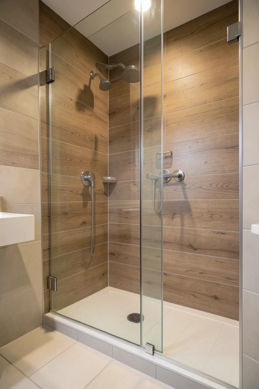Cedar wood bath mat with reddish-brown slats outside a shower in a small apartment bathroom, natural texture on cool tile floor