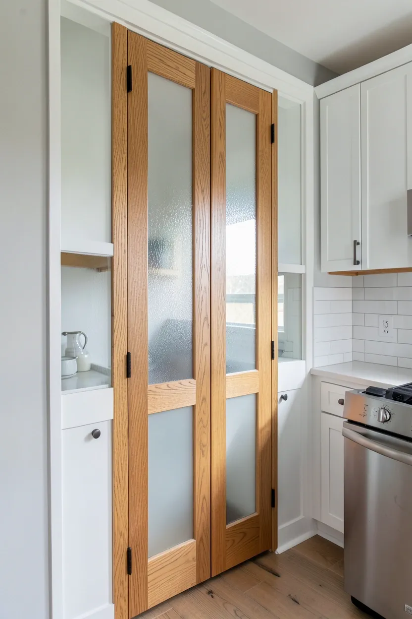 Natural wood pantry doors with frosted glass inserts adding warmth and organized pantry visibility in an open-concept kitchen