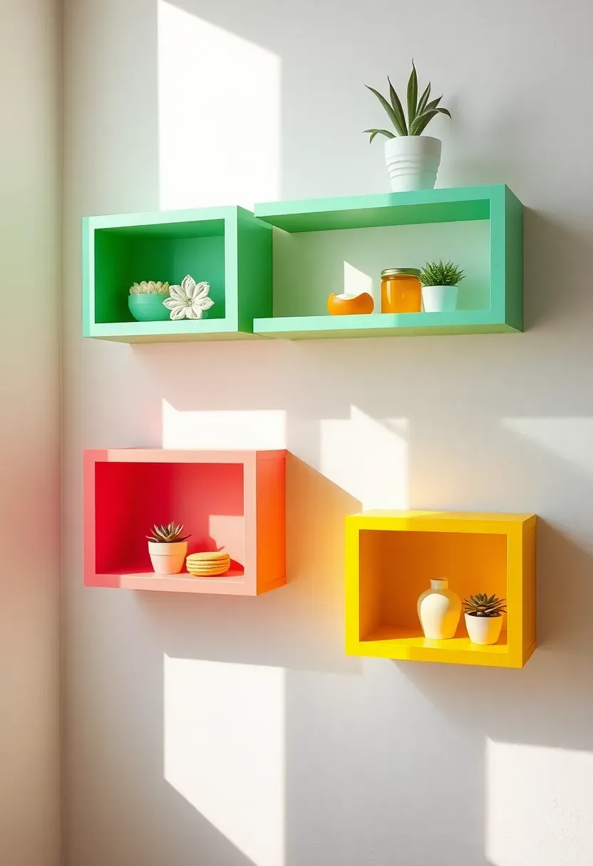 Three staggered floating bathroom shelves in mint green, coral, and yellow displaying colorful soaps and small plants